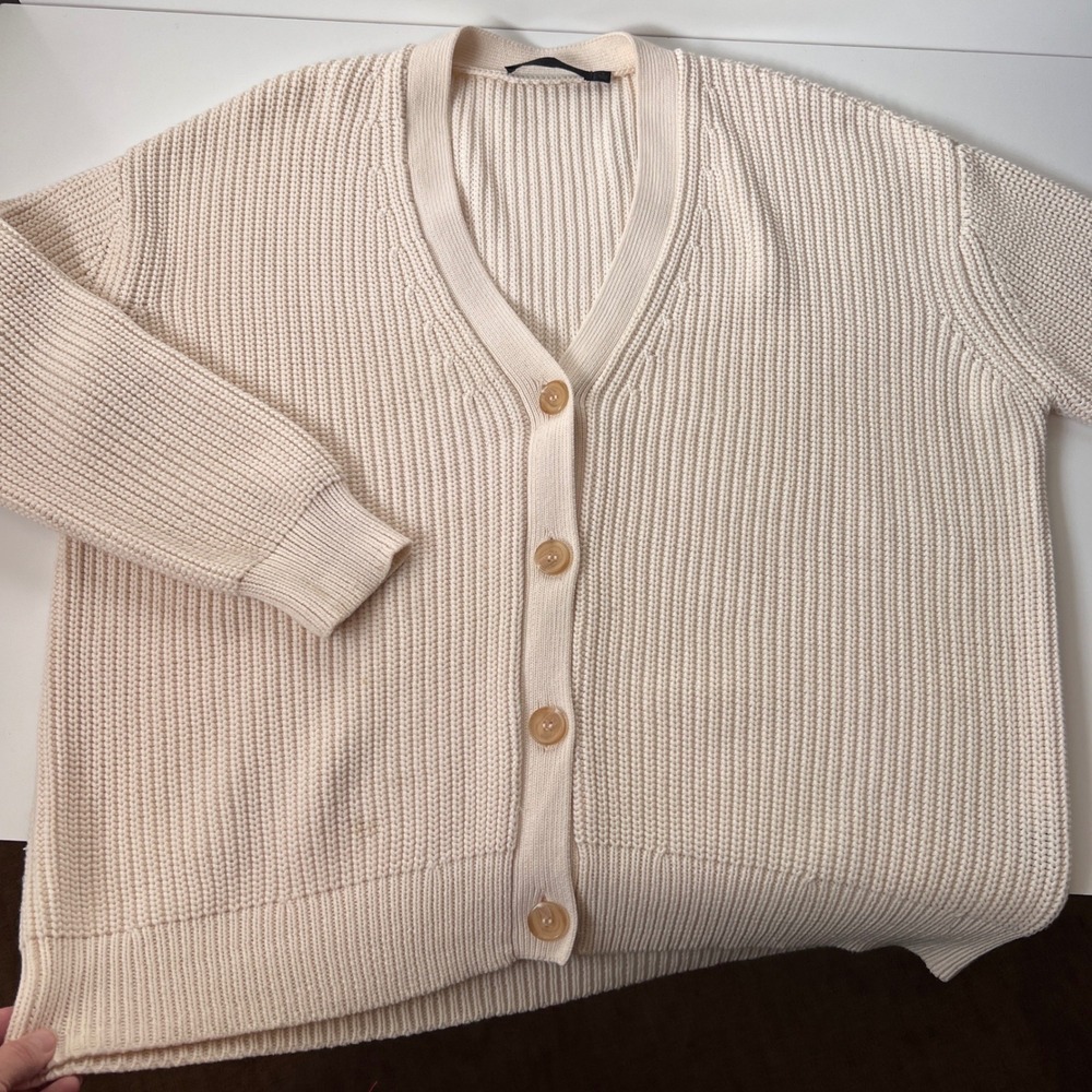 Jenni Kayne Cocoon Cardigan Cream Organic Cotton Ribbed Knit Sweater Size Small - Picture 3 of 9